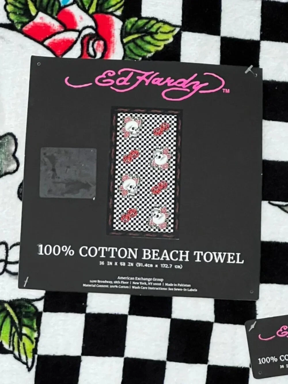 ED HARDY 36x68 Cotton Beach Towel Lot California Girls Pinup Checkered Skull Y2K